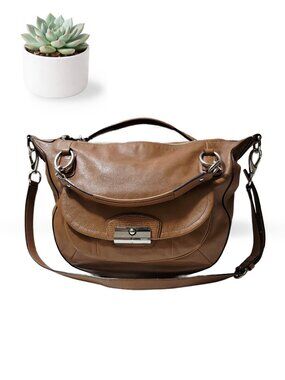 Coach Kristin Round Satchel Leather Hobo Shoulder Bag Brown Large Silver Clasp